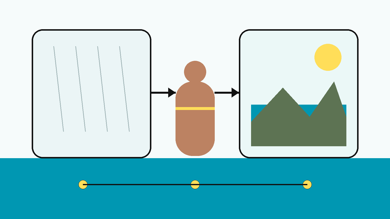 Ilustración conceptual de figuras adultas abstractas frente a espejos que se transforman en ventanas y paisajes, sugiriendo el paso de evaluación corporal a presencia y funcionalidad, en la paleta NPM.