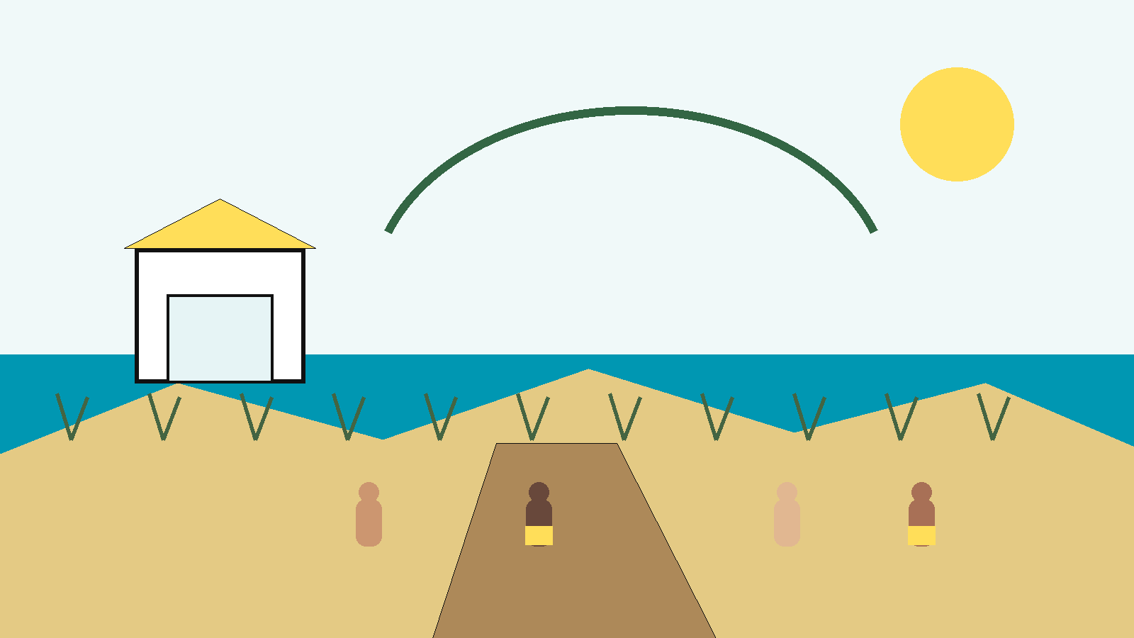 Ilustración conceptual de una costa mediterránea con dunas, pasarela, quiosco desmontable y pequeñas figuras adultas en una zona de playa, conectando naturismo y gestión ambiental en la paleta NPM.