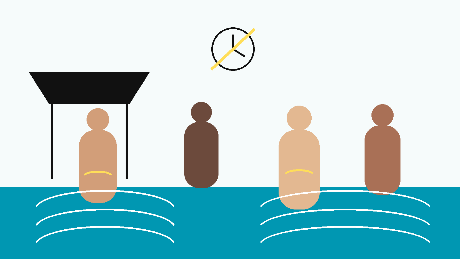 Ilustración conceptual de varias figuras adultas femeninas en diferentes momentos de recuperación posparto, con formas corporales diversas, una cicatriz abstracta no médica y zonas de descanso junto al agua en la paleta NPM.