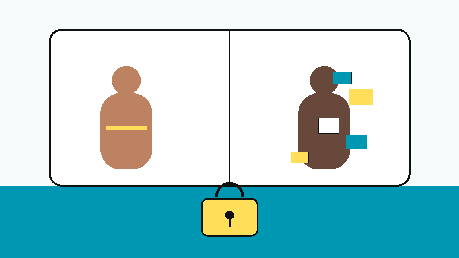 Ilustración conceptual de una figura adulta abstracta frente a una pantalla dividida entre una silueta real y una silueta sintética fragmentada, con símbolos de consentimiento y privacidad en la paleta NPM.
