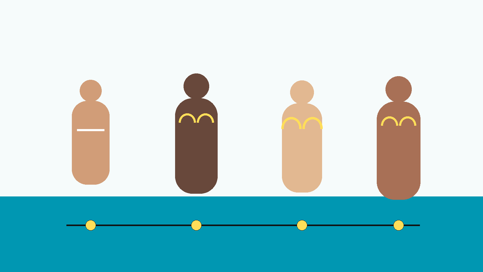Ilustración conceptual de varios torsos masculinos adultos abstractos con diferentes formas de pecho, volumen corporal y edades, en un entorno naturista no sexual con la paleta NPM.