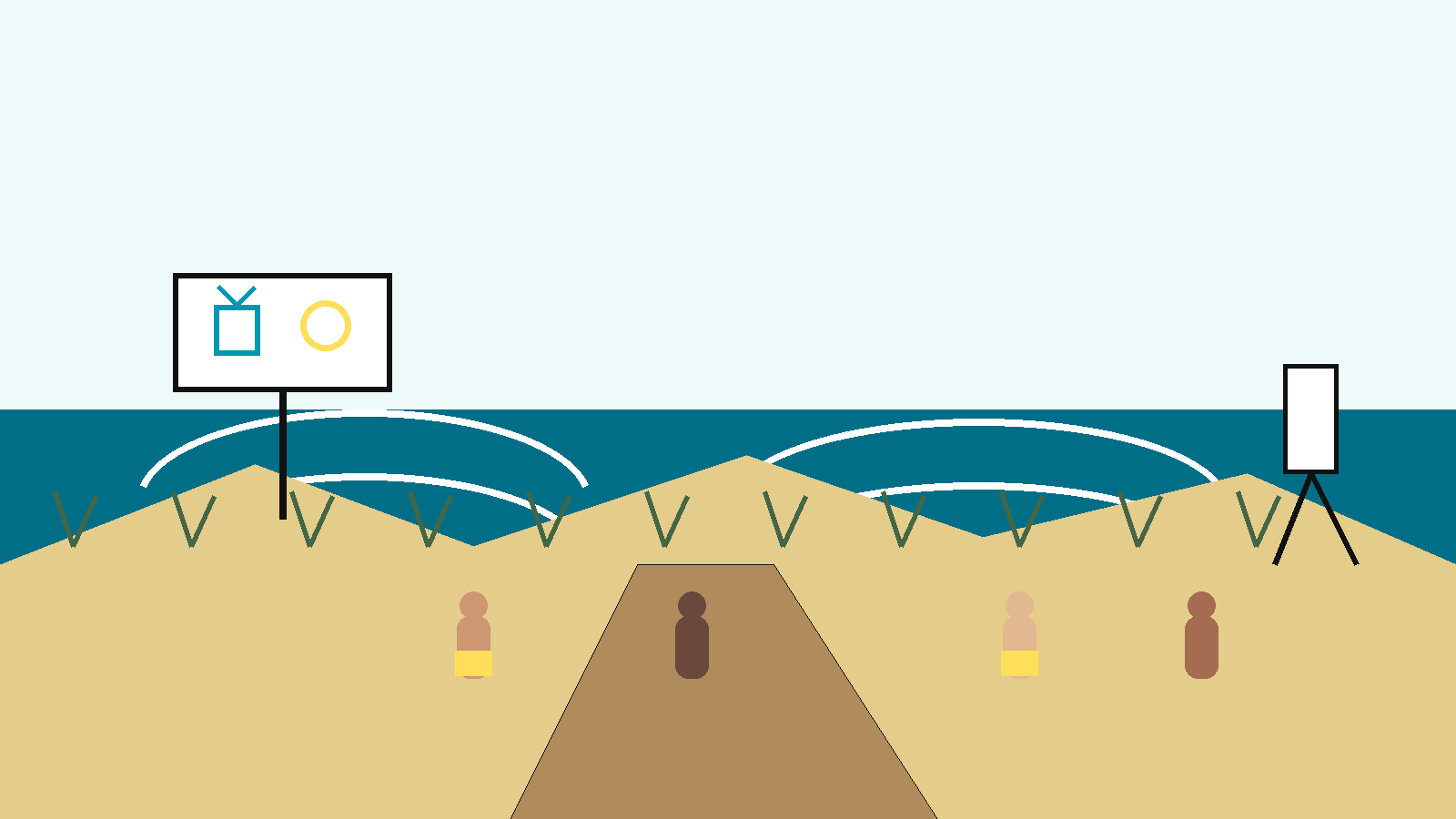 Ilustración conceptual de una playa atlántica pública con dunas, senderos, señalización y figuras adultas pequeñas con distintos niveles de cobertura, en la paleta NPM.
