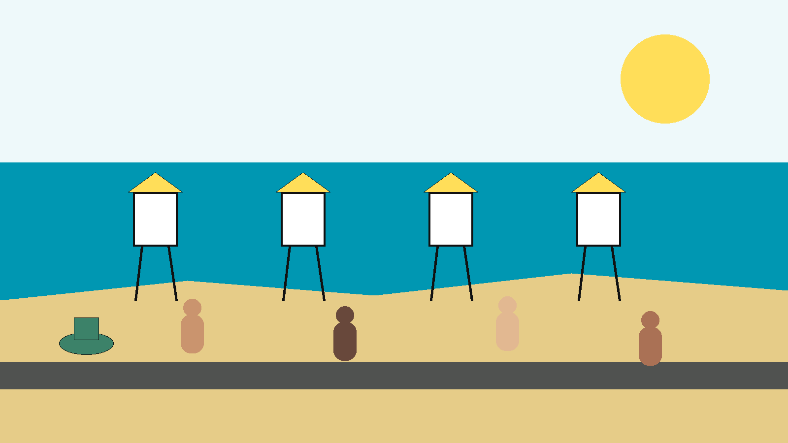 Ilustración conceptual de una playa pública urbana de Florida con torres de salvavidas, sendero, mar y figuras adultas abstractas, integrando símbolos de servicios y voluntariado en la paleta NPM.