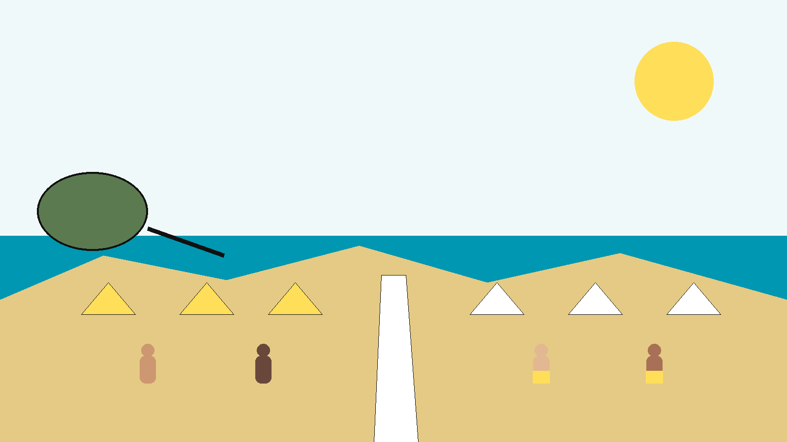 Ilustración conceptual de un camping costero de Istria dividido en dos zonas abstractas, una naturista y otra textil, conectadas por caminos y costa, sin reproducir el plano real de Koversada.