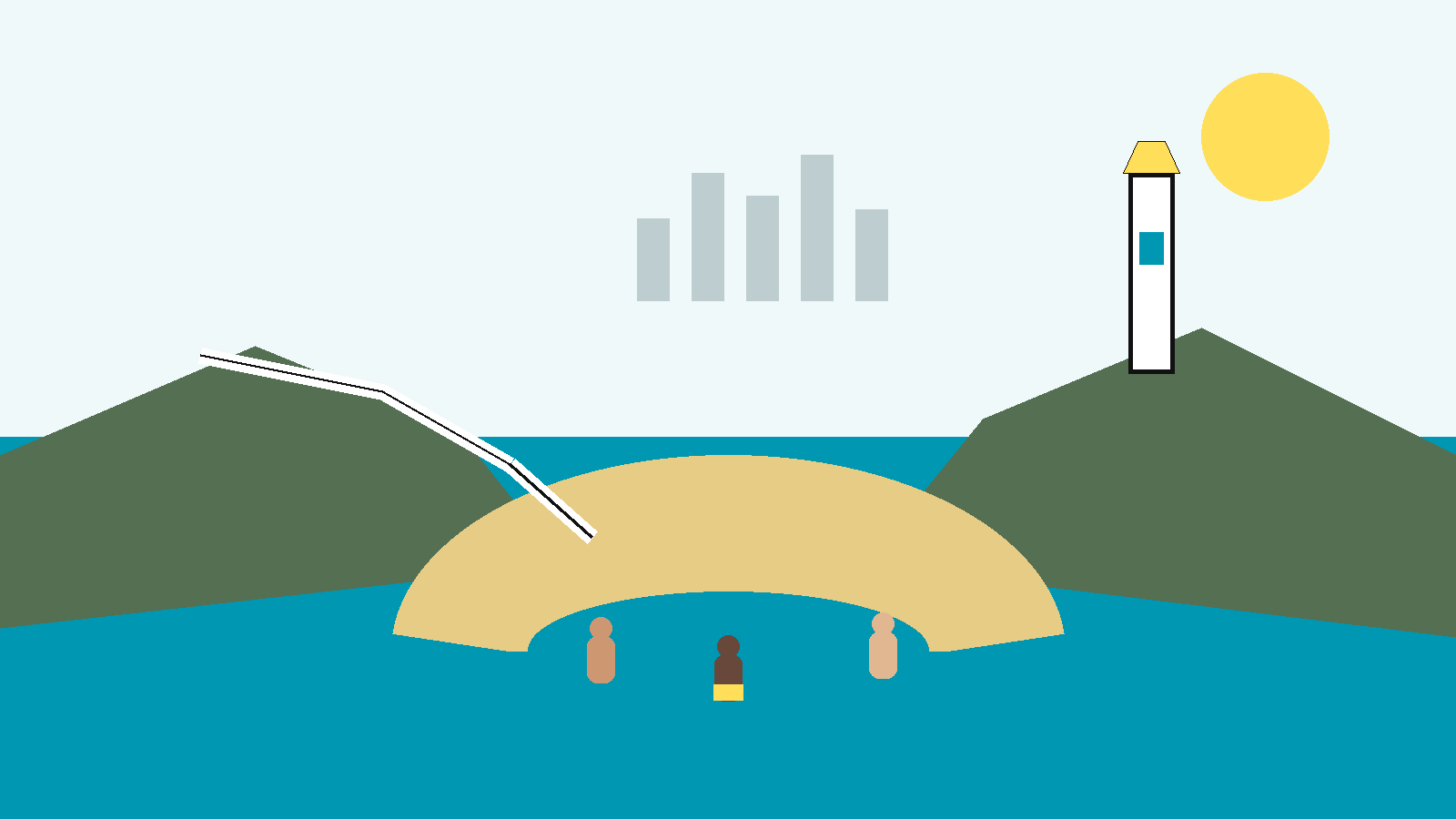 Ilustración conceptual de una pequeña bahía urbana de Sídney con sendero costero, faro abstracto, puerto y pequeñas figuras adultas a distancia, en la paleta NPM.
