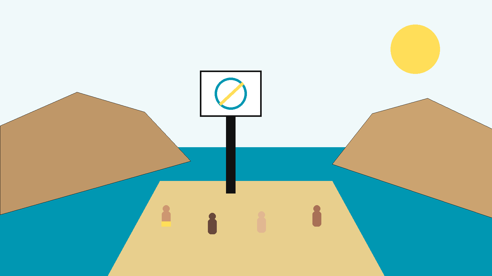 Ilustración conceptual de una extensa playa australiana con acantilados, una señal abstracta que marca el paso hacia un sector clothing-optional y pequeñas figuras adultas no identificables, en la paleta NPM.