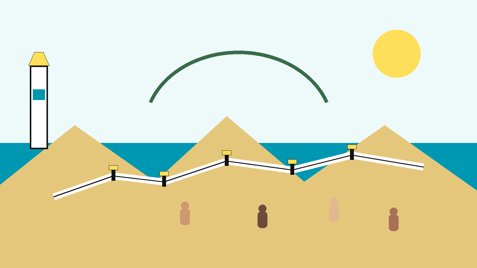 Ilustración conceptual de una costa atlántica con dunas, senderos señalizados, mar y pequeñas figuras adultas en una zona de playa, diferenciando visualmente el espacio protegido de la franja de uso recreativo.