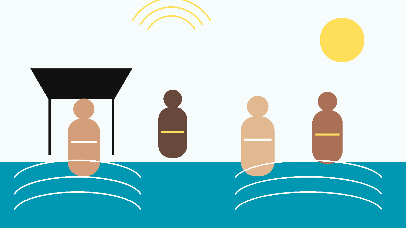 Ilustración conceptual de varias figuras adultas de mediana edad junto al agua, con formas abstractas que sugieren calor, sombra y descanso, en la paleta NPM.