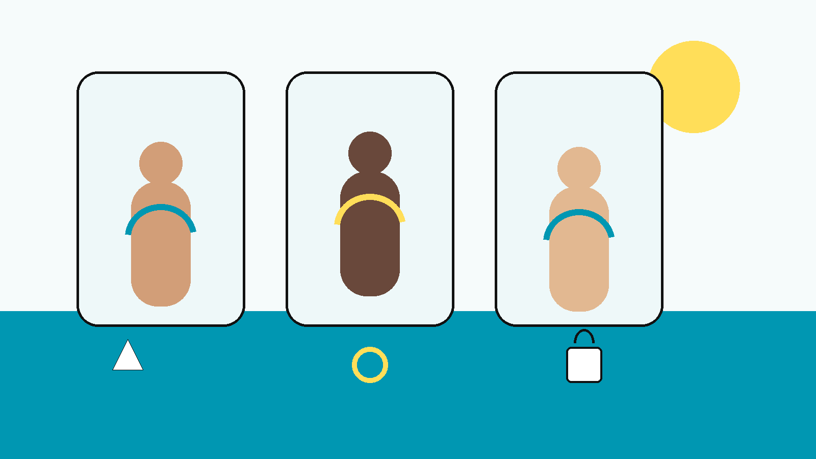 Ilustración conceptual de varias figuras adultas abstractas en un entorno naturista de playa y spa, con símbolos discretos de privacidad, agua y productos menstruales sin mostrar sangre ni anatomía explícita.