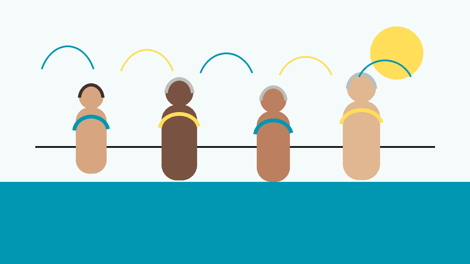 Ilustración conceptual de varias mujeres adultas abstractas de diferentes edades frente a un horizonte compartido, con líneas que representan el paso del tiempo y la continuidad corporal en la paleta NPM.