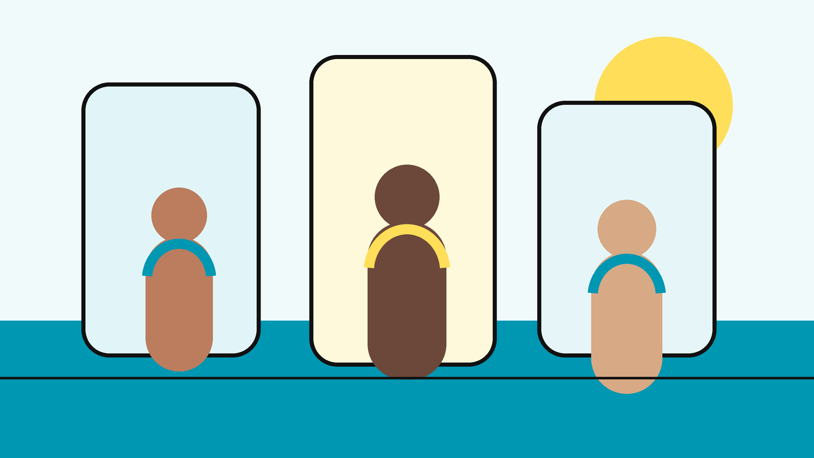 Ilustración conceptual de varias figuras adultas abstractas frente a formas que evocan espejos y un horizonte costero, en la paleta turquesa y amarilla de NPM.