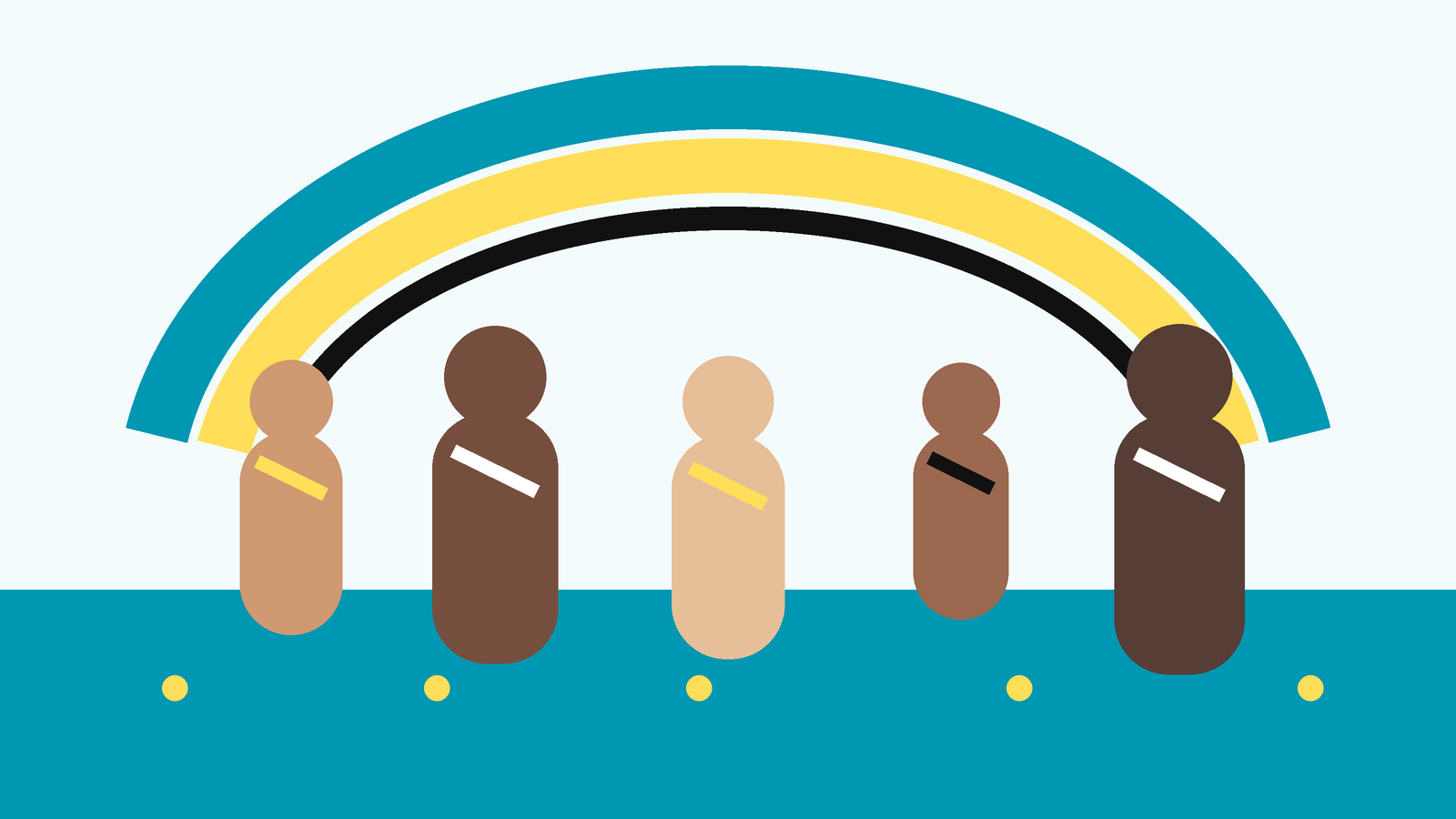Ilustración conceptual de un grupo diverso de figuras adultas abstractas bajo arcos que se cruzan, en la paleta turquesa, amarilla, blanca y negra de NPM.