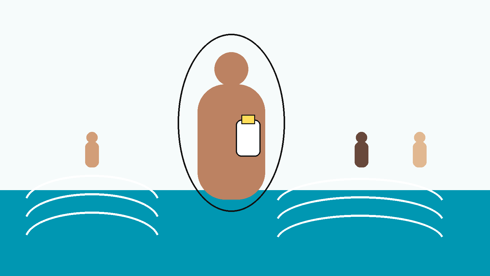 Ilustración conceptual de una figura adulta abstracta junto al agua con una bolsa de ostomía visible de forma discreta sobre el abdomen, acompañada por otras figuras adultas a distancia, en la paleta NPM.