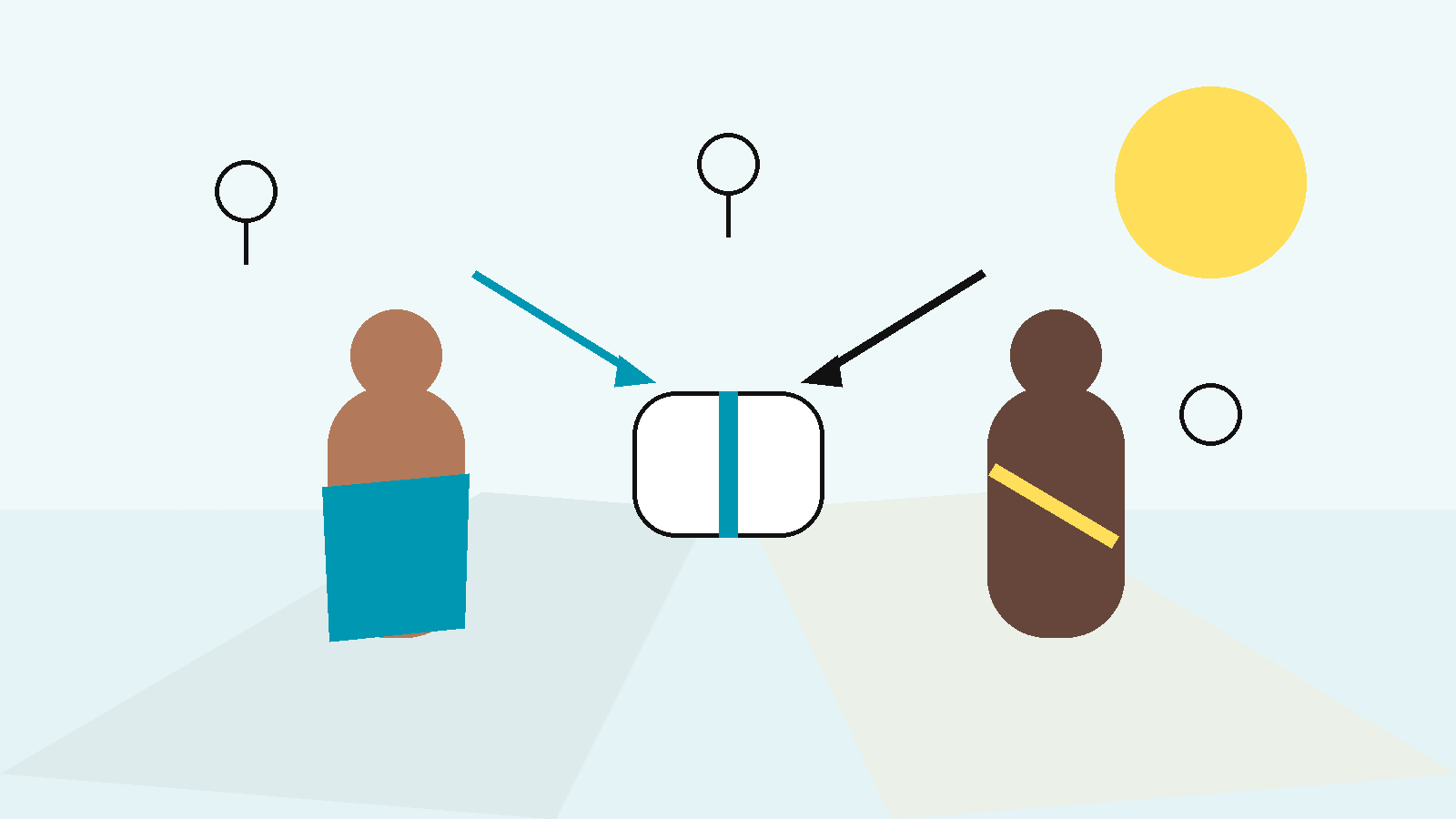 Ilustración conceptual de dos figuras adultas abstractas avanzando por caminos separados hacia un mismo horizonte, una de ellas con una tela ligera y otra sin elementos de vestimenta visibles, en la paleta NPM.