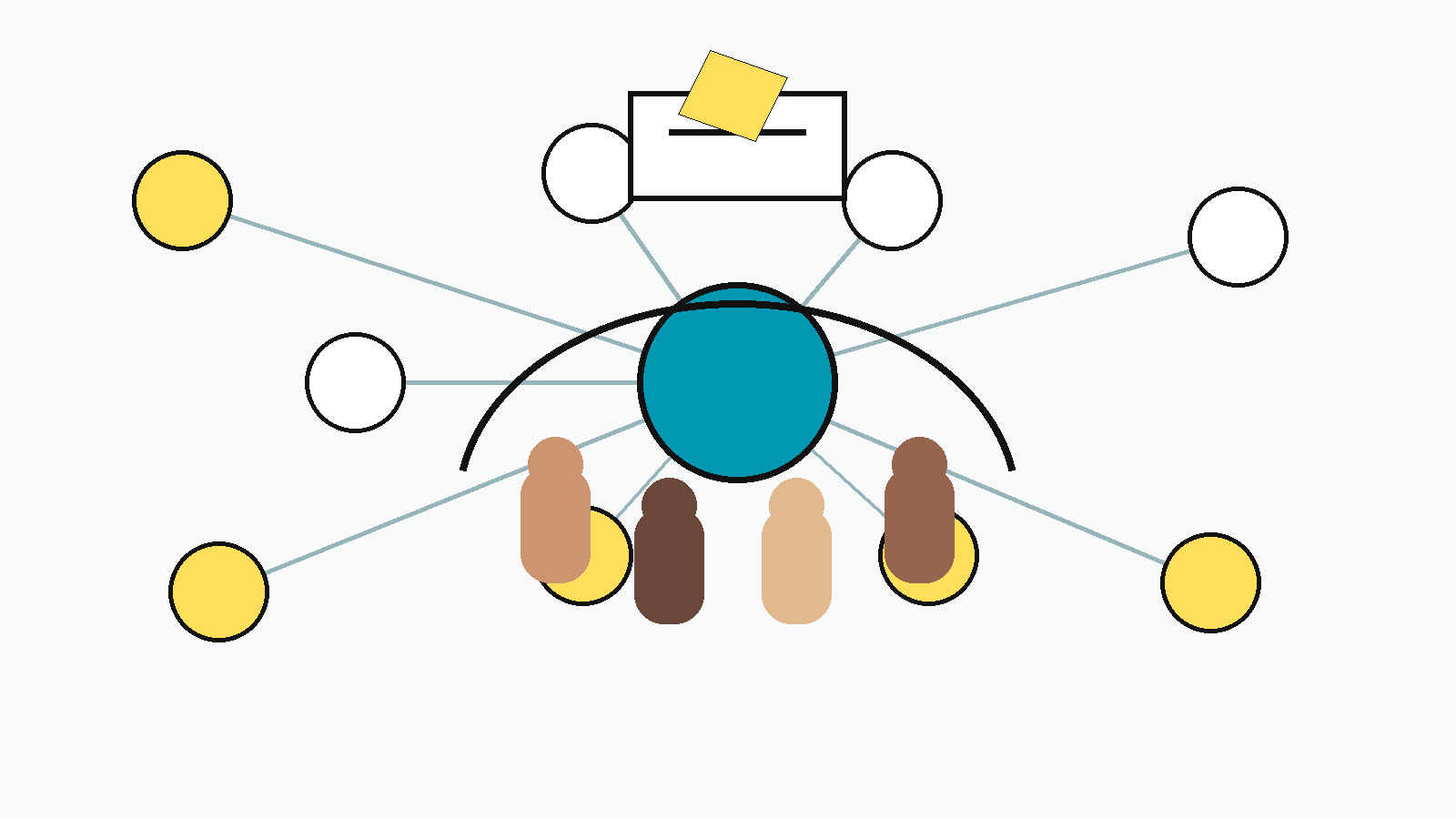 Ilustración conceptual de una red internacional de nodos comunitarios que convergen en una asamblea, con figuras adultas abstractas y símbolos de votación en la paleta NPM.