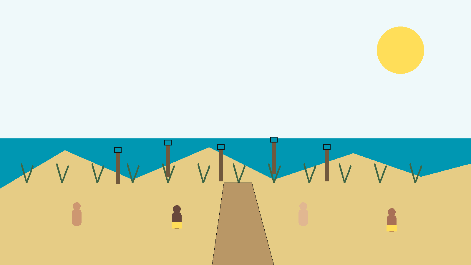 Ilustración conceptual de una playa británica con dunas, postes de delimitación, sendero y pequeñas figuras adultas a distancia, usando la paleta NPM.