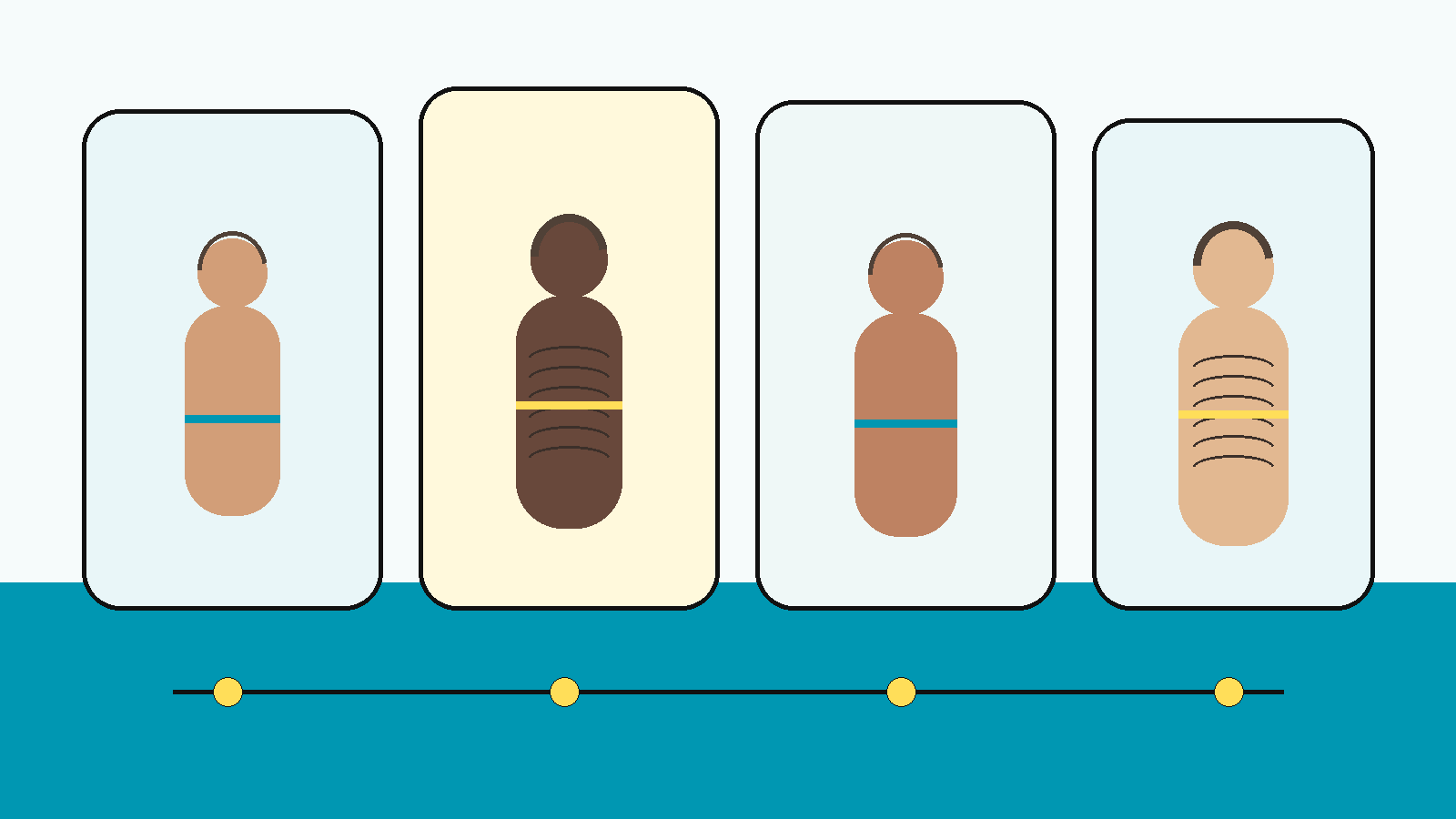 Ilustración conceptual de varias figuras adultas abstractas con distintas decisiones de vello y grooming en un entorno naturista no sexual, usando la paleta NPM.
