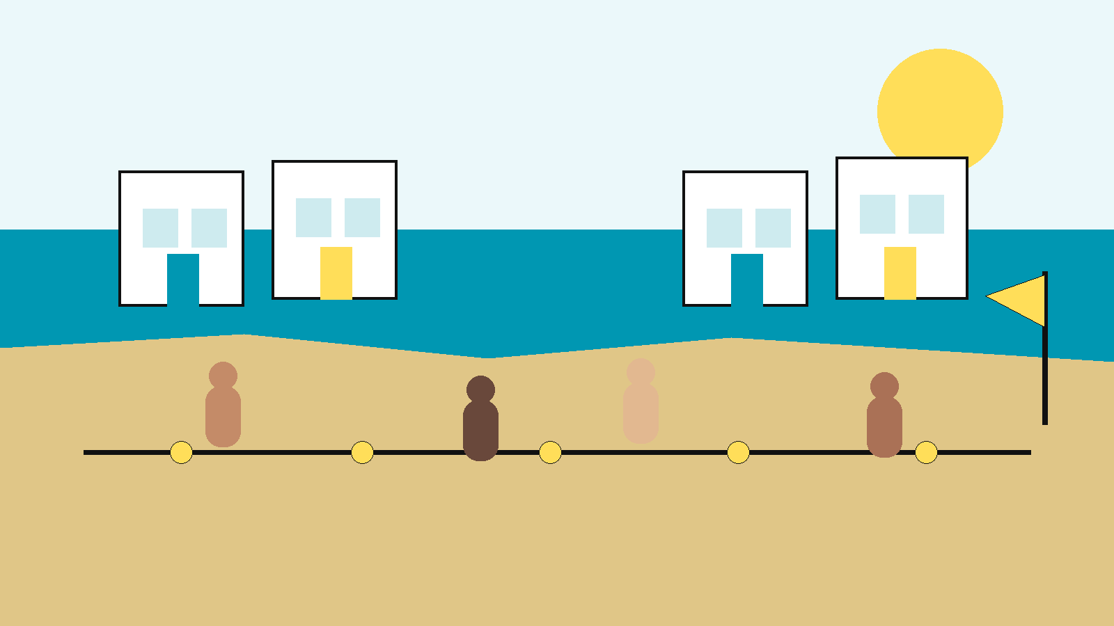 Ilustración conceptual de un enclave costero mediterráneo con playa, urbanizaciones bajas, calles peatonales y figuras adultas abstractas, usando la paleta NPM.