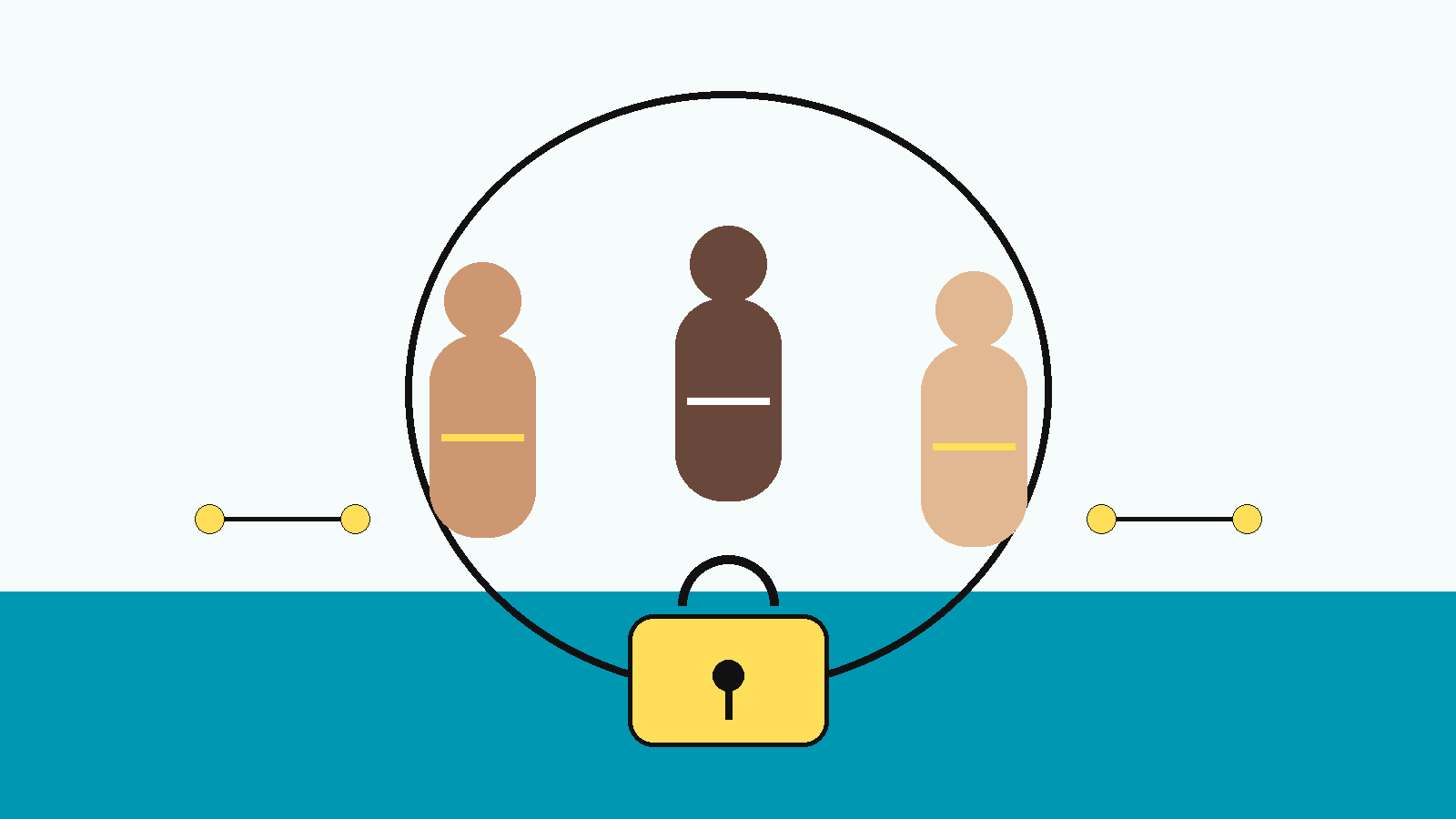 Ilustración conceptual de varias figuras adultas abstractas junto a un círculo protector y una línea de privacidad, sin símbolos médicos identificatorios ni indicación de quién vive con VIH, en la paleta NPM.