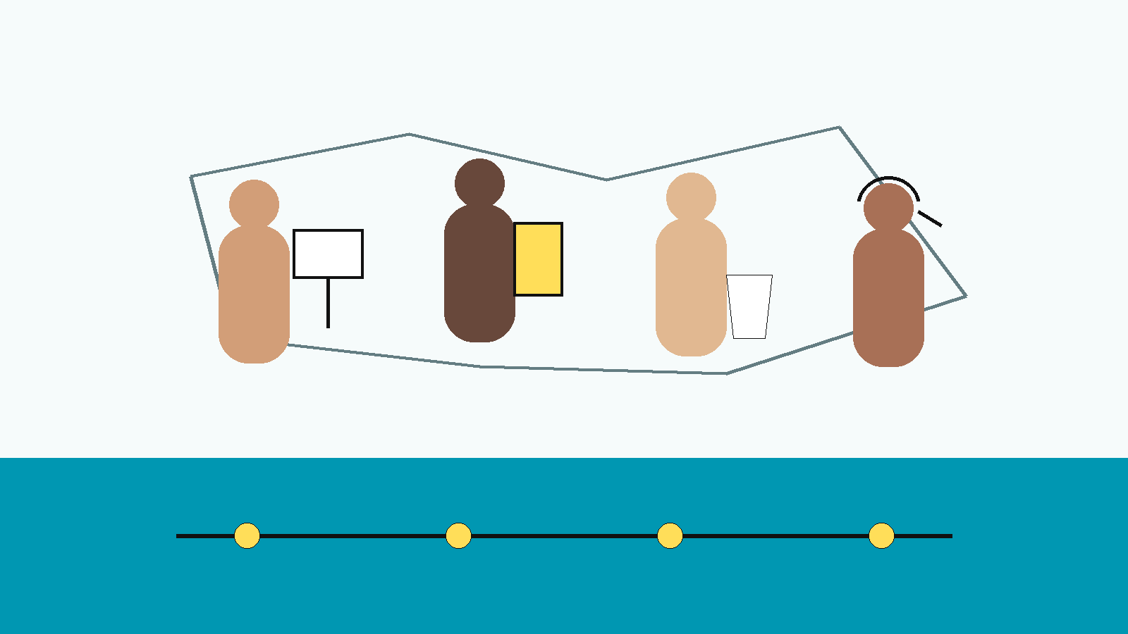 Ilustración conceptual de varias personas adultas abstractas sosteniendo tareas diferentes —señalización, limpieza, recepción y coordinación— conectadas por una red comunitaria en la paleta NPM.