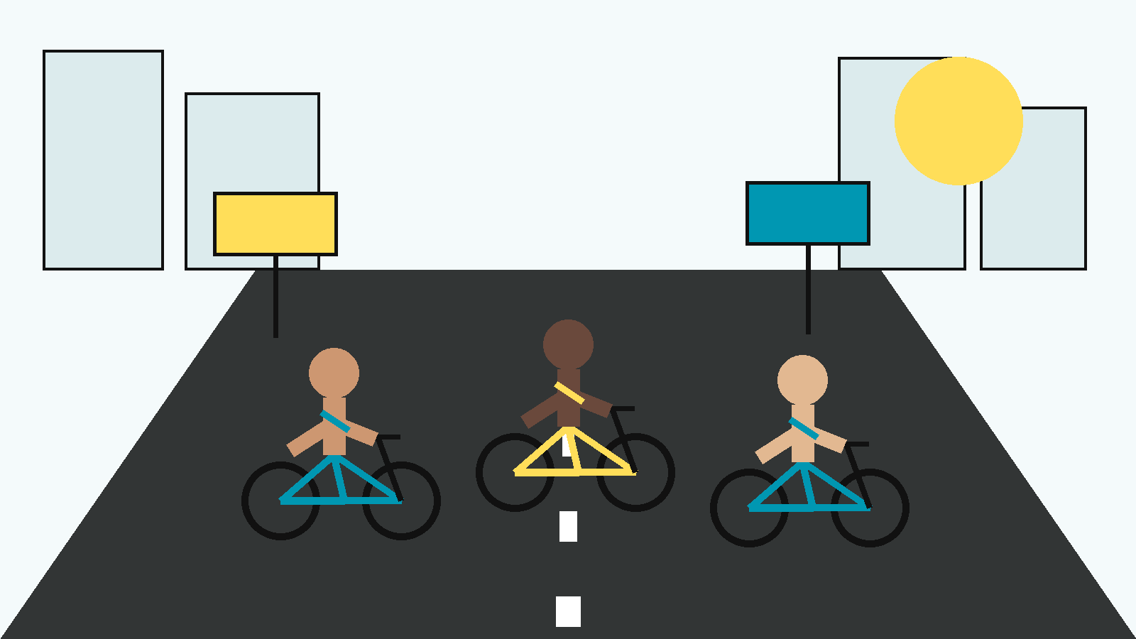 Ilustración conceptual de varias figuras adultas abstractas sobre bicicletas en una avenida estilizada, con pintura corporal geométrica y señales visuales de protesta, en la paleta NPM.