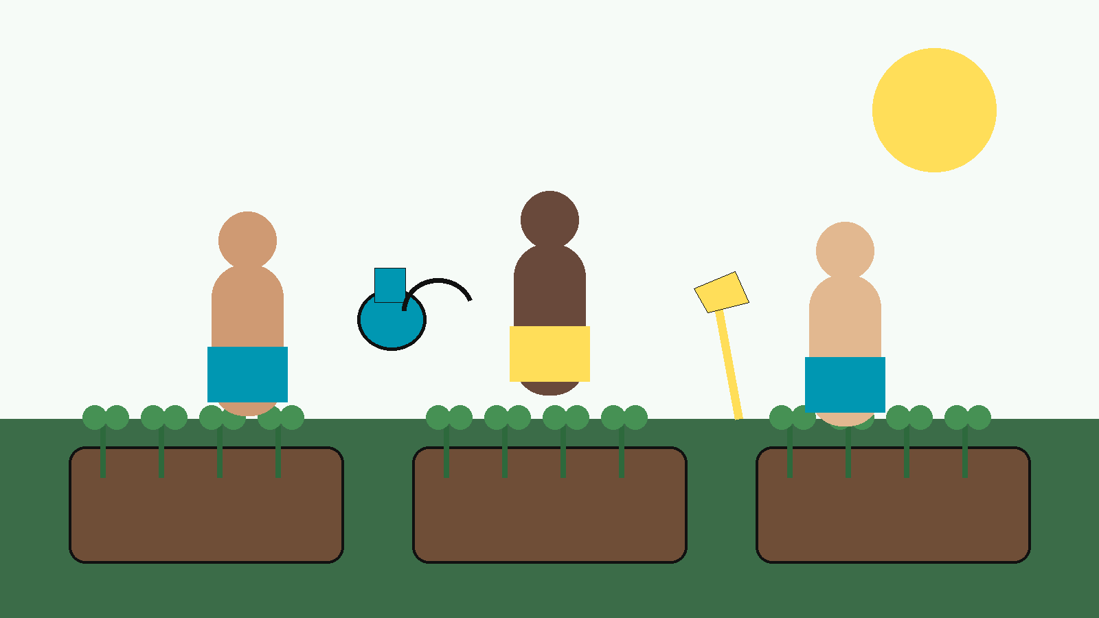 Ilustración conceptual de varias figuras adultas abstractas cuidando plantas en un jardín estilizado, con macetas, hojas y herramientas no peligrosas, en la paleta NPM.