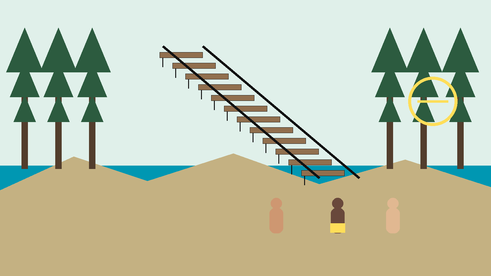 Ilustración conceptual de una costa boscosa con una larga escalera descendente, playa clothing-optional, mar y pequeñas figuras adultas abstractas, en la paleta NPM.